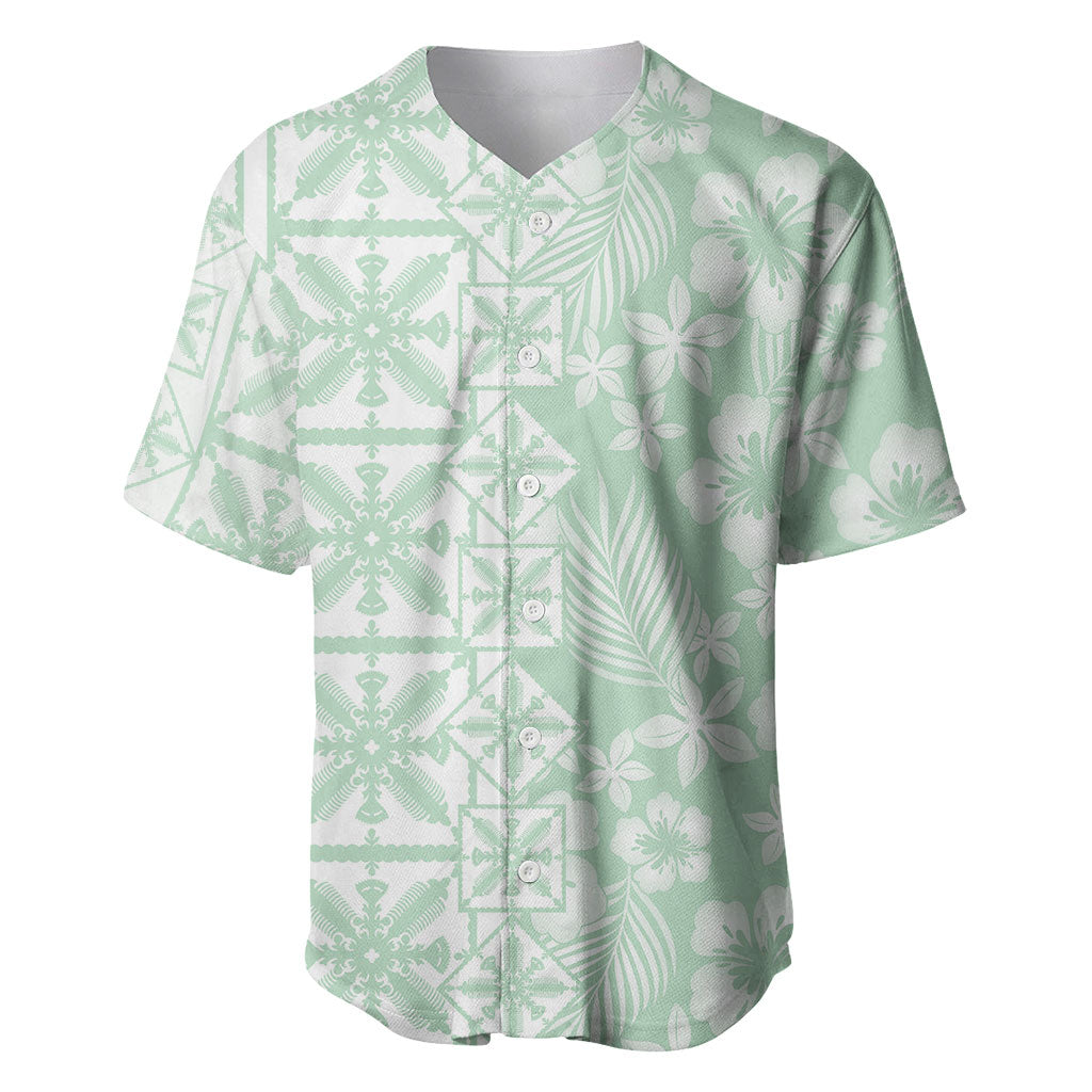 Pastel Green Kahili Quilt Hawaii Baseball Jersey Tropical Flower Seamless Half Style LT14 Green - Polynesian Pride