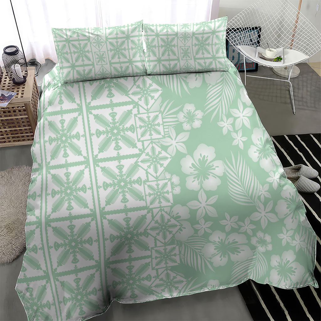 Pastel Green Kahili Quilt Hawaii Bedding Set Tropical Flower Seamless Half Style