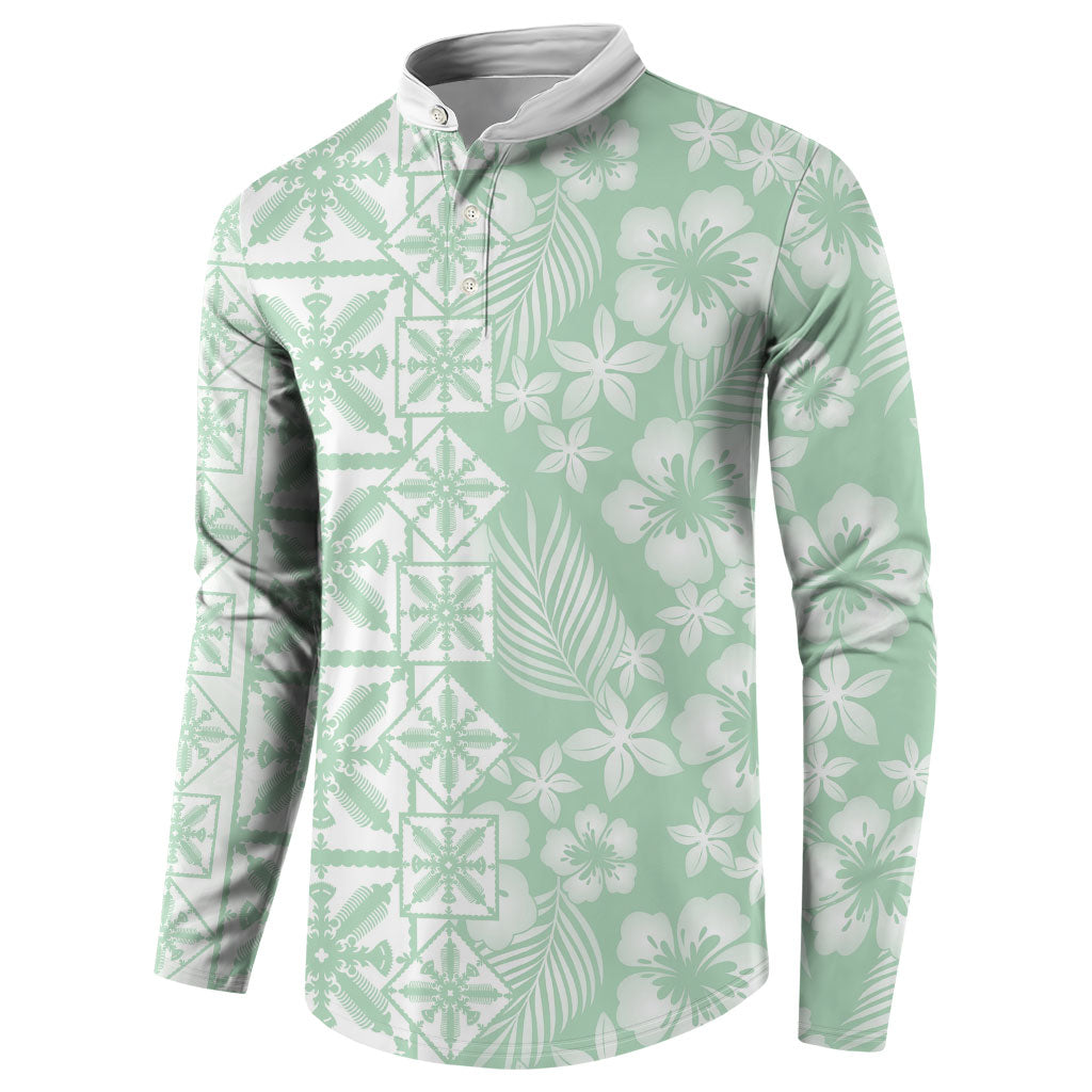 Pastel Green Kahili Quilt Hawaii Button Sweatshirt Tropical Flower Seamless Half Style LT14 - Polynesian Pride