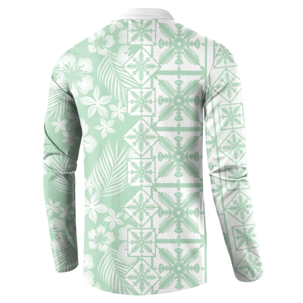 Pastel Green Kahili Quilt Hawaii Button Sweatshirt Tropical Flower Seamless Half Style LT14 - Polynesian Pride
