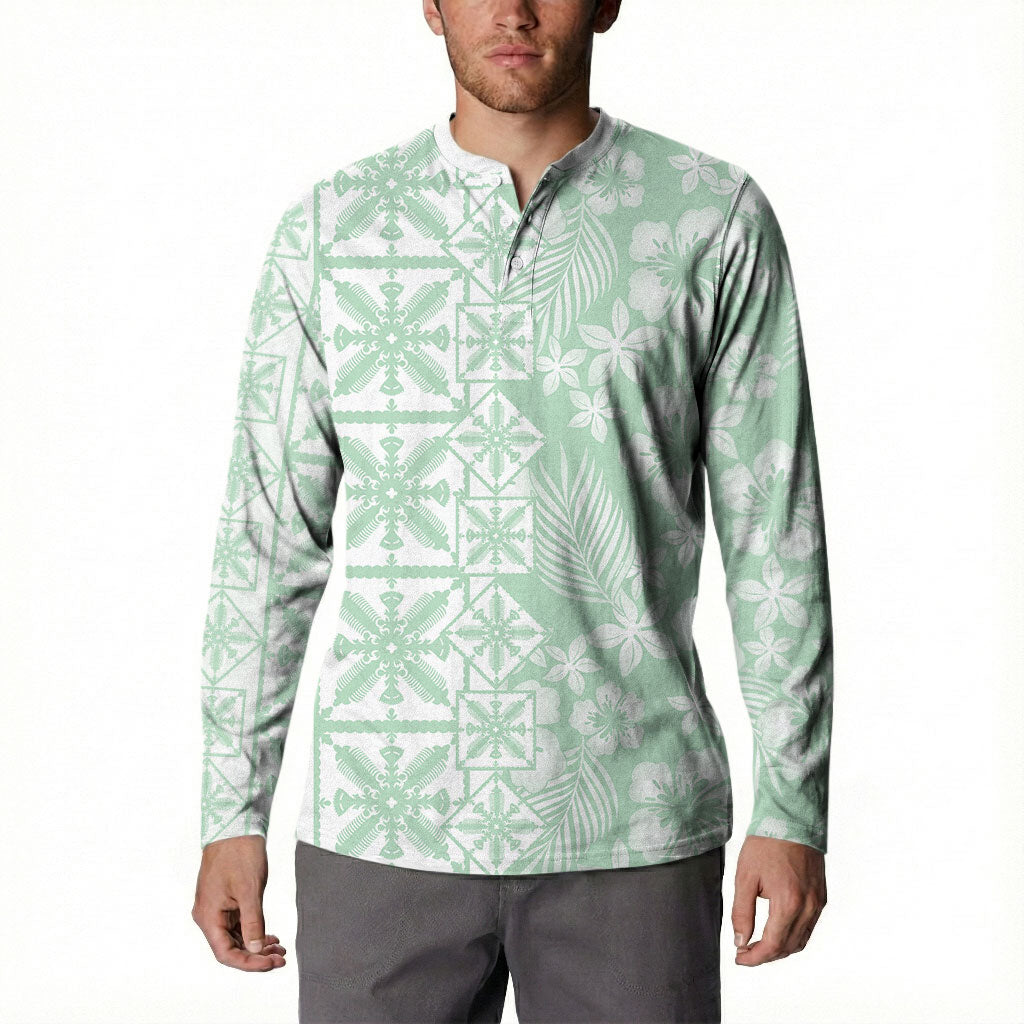 Pastel Green Kahili Quilt Hawaii Button Sweatshirt Tropical Flower Seamless Half Style LT14 - Polynesian Pride