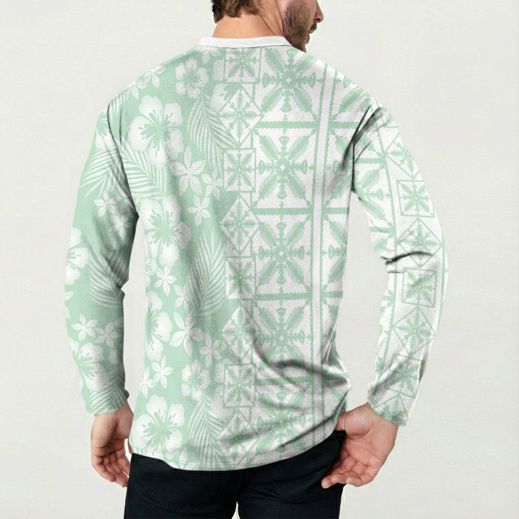 Pastel Green Kahili Quilt Hawaii Button Sweatshirt Tropical Flower Seamless Half Style LT14 - Polynesian Pride