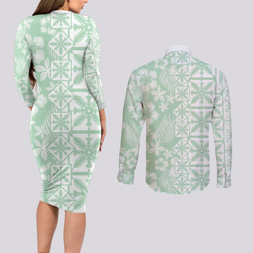 Pastel Green Kahili Quilt Hawaii Couples Matching Long Sleeve Bodycon Dress and Long Sleeve Button Shirt Tropical Flower Seamless Half Style LT14 - Polynesian Pride