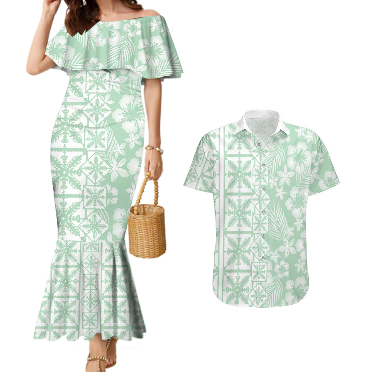 Pastel Green Kahili Quilt Hawaii Couples Matching Mermaid Dress and Hawaiian Shirt Tropical Flower Seamless Half Style LT14 Green - Polynesian Pride