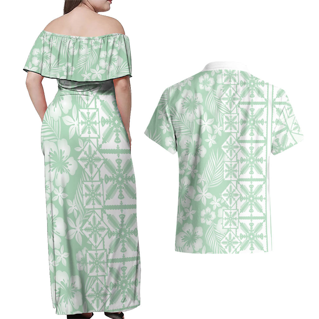 Pastel Green Kahili Quilt Hawaii Couples Matching Off Shoulder Maxi Dress and Hawaiian Shirt Tropical Flower Seamless Half Style LT14 - Polynesian Pride