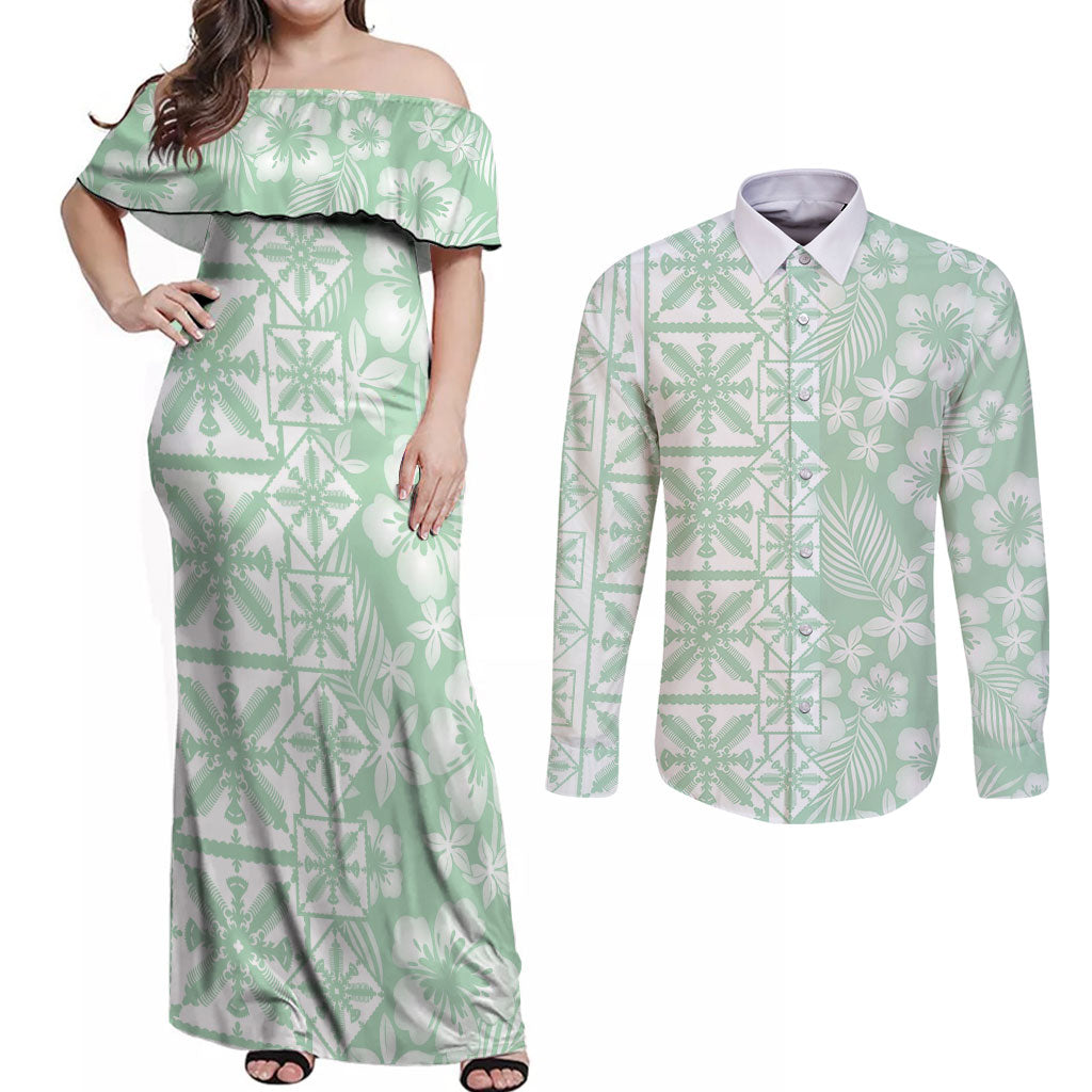 Pastel Green Kahili Quilt Hawaii Couples Matching Off Shoulder Maxi Dress and Long Sleeve Button Shirt Tropical Flower Seamless Half Style LT14 Green - Polynesian Pride