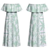 Pastel Green Kahili Quilt Hawaii Couples Matching Off Shoulder Maxi Dress and Long Sleeve Button Shirt Tropical Flower Seamless Half Style LT14 - Polynesian Pride