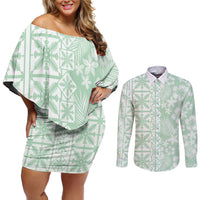 Pastel Green Kahili Quilt Hawaii Couples Matching Off Shoulder Short Dress and Long Sleeve Button Shirt Tropical Flower Seamless Half Style LT14 Green - Polynesian Pride