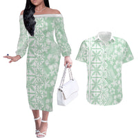 Pastel Green Kahili Quilt Hawaii Couples Matching Off The Shoulder Long Sleeve Dress and Hawaiian Shirt Tropical Flower Seamless Half Style LT14 Green - Polynesian Pride