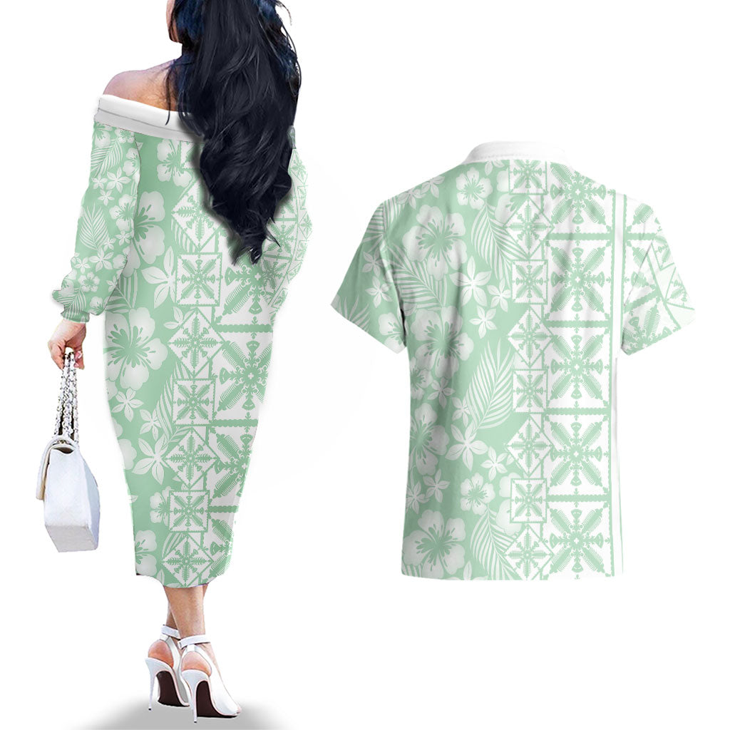 Pastel Green Kahili Quilt Hawaii Couples Matching Off The Shoulder Long Sleeve Dress and Hawaiian Shirt Tropical Flower Seamless Half Style LT14 - Polynesian Pride