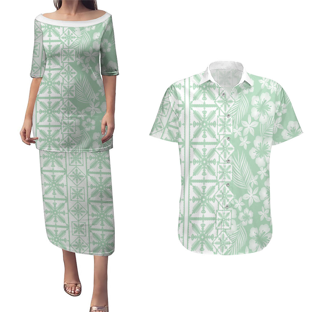 Pastel Green Kahili Quilt Hawaii Couples Matching Puletasi and Hawaiian Shirt Tropical Flower Seamless Half Style LT14 Green - Polynesian Pride