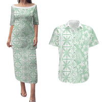 Pastel Green Kahili Quilt Hawaii Couples Matching Puletasi and Hawaiian Shirt Tropical Flower Seamless Half Style LT14 Green - Polynesian Pride
