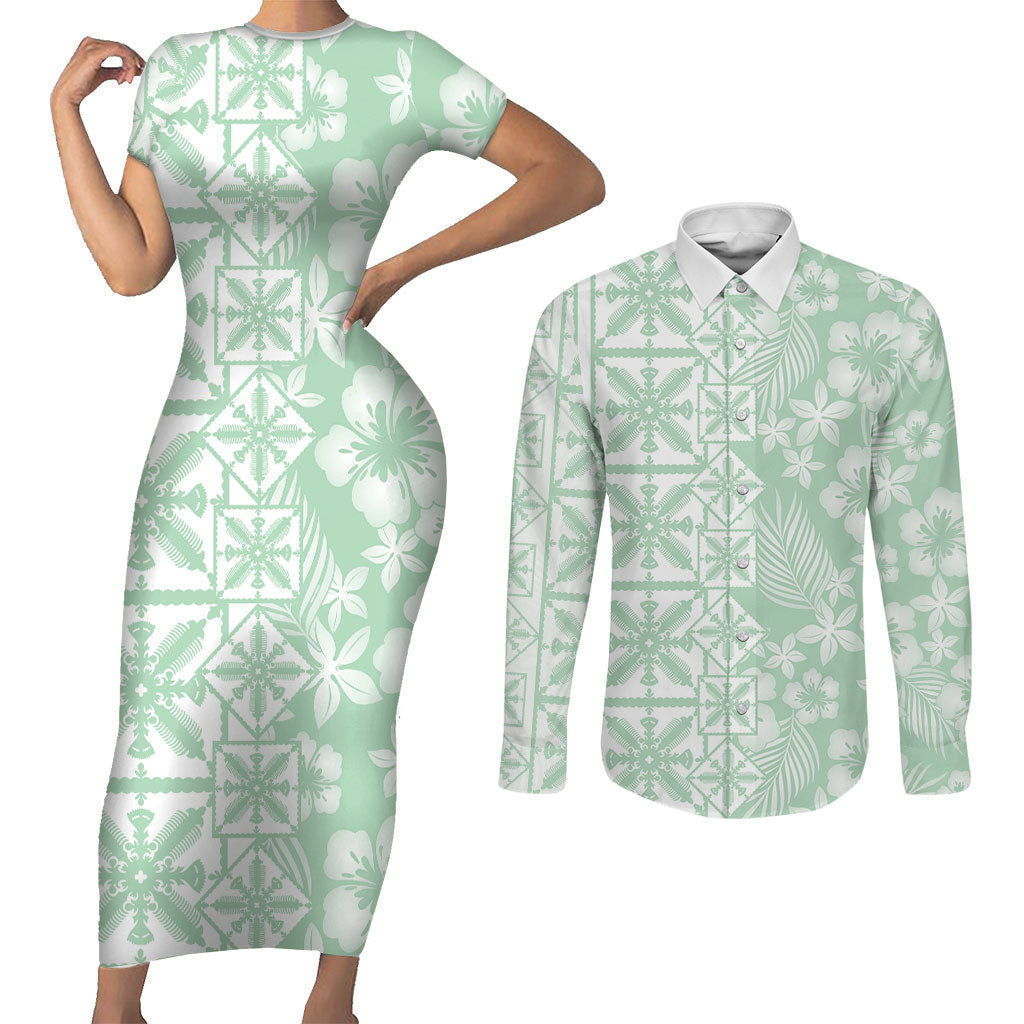 Pastel Green Kahili Quilt Hawaii Couples Matching Short Sleeve Bodycon Dress and Long Sleeve Button Shirt Tropical Flower Seamless Half Style LT14 Green - Polynesian Pride