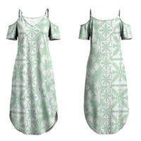 Pastel Green Kahili Quilt Hawaii Couples Matching Summer Maxi Dress and Long Sleeve Button Shirt Tropical Flower Seamless Half Style LT14 - Polynesian Pride