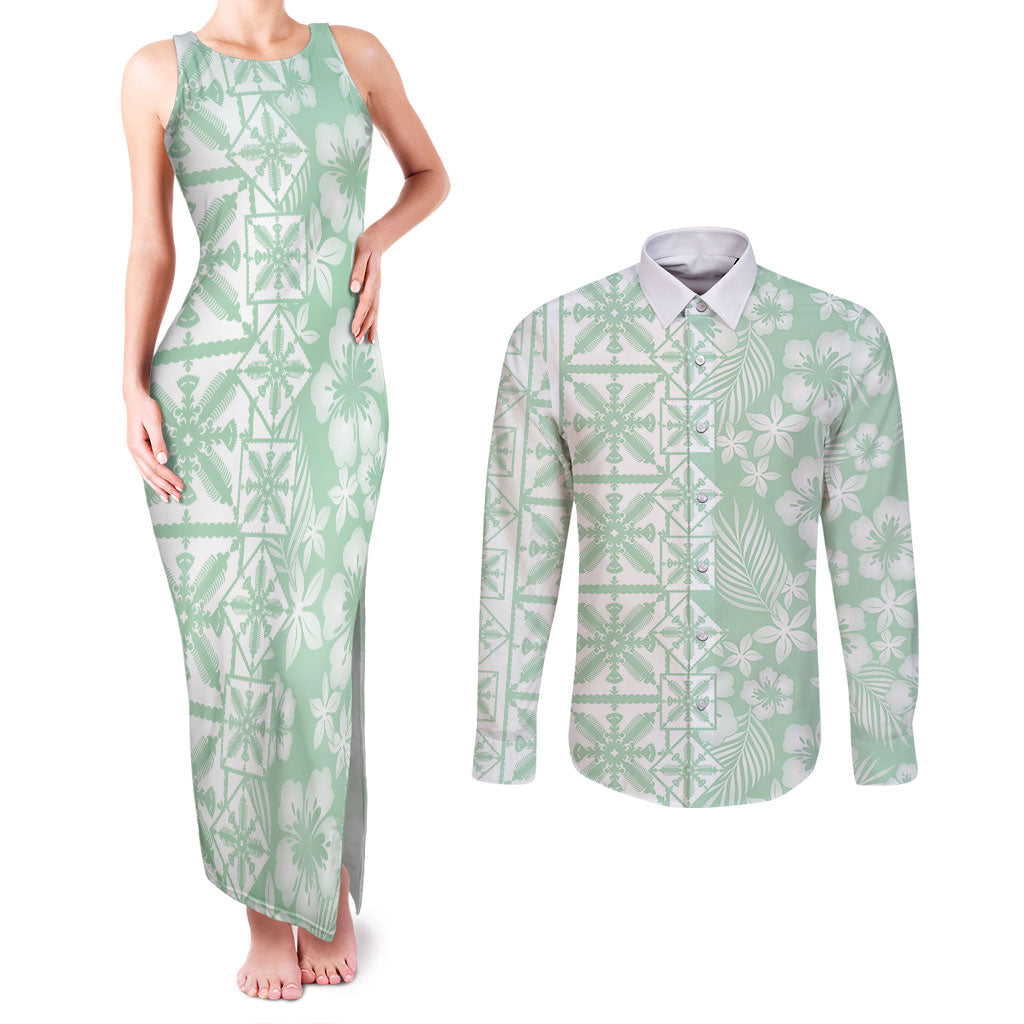 Pastel Green Kahili Quilt Hawaii Couples Matching Tank Maxi Dress and Long Sleeve Button Shirt Tropical Flower Seamless Half Style LT14 Green - Polynesian Pride
