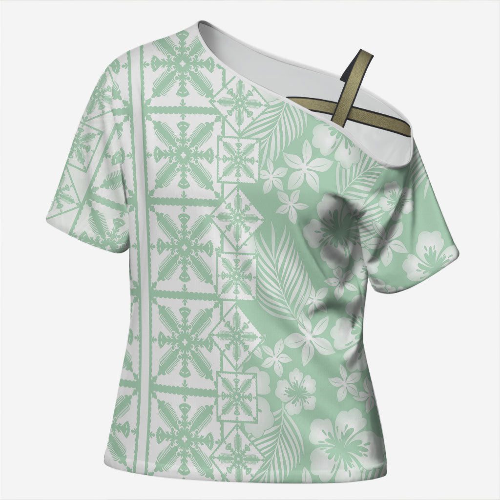 Pastel Green Kahili Quilt Hawaii Cross Shoulder Shirt Tropical Flower Seamless Half Style