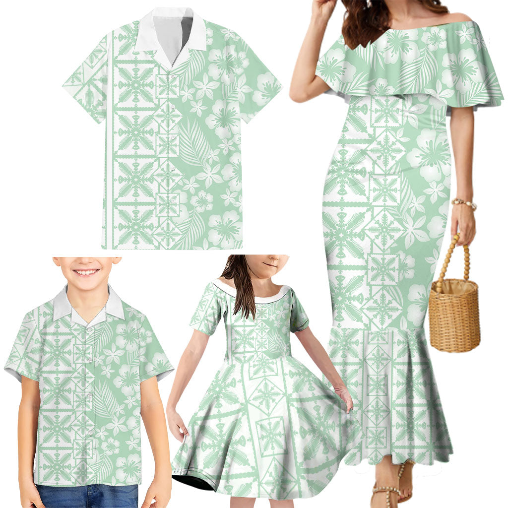 Pastel Green Kahili Quilt Hawaii Family Matching Mermaid Dress and Hawaiian Shirt Tropical Flower Seamless Half Style LT14 - Polynesian Pride