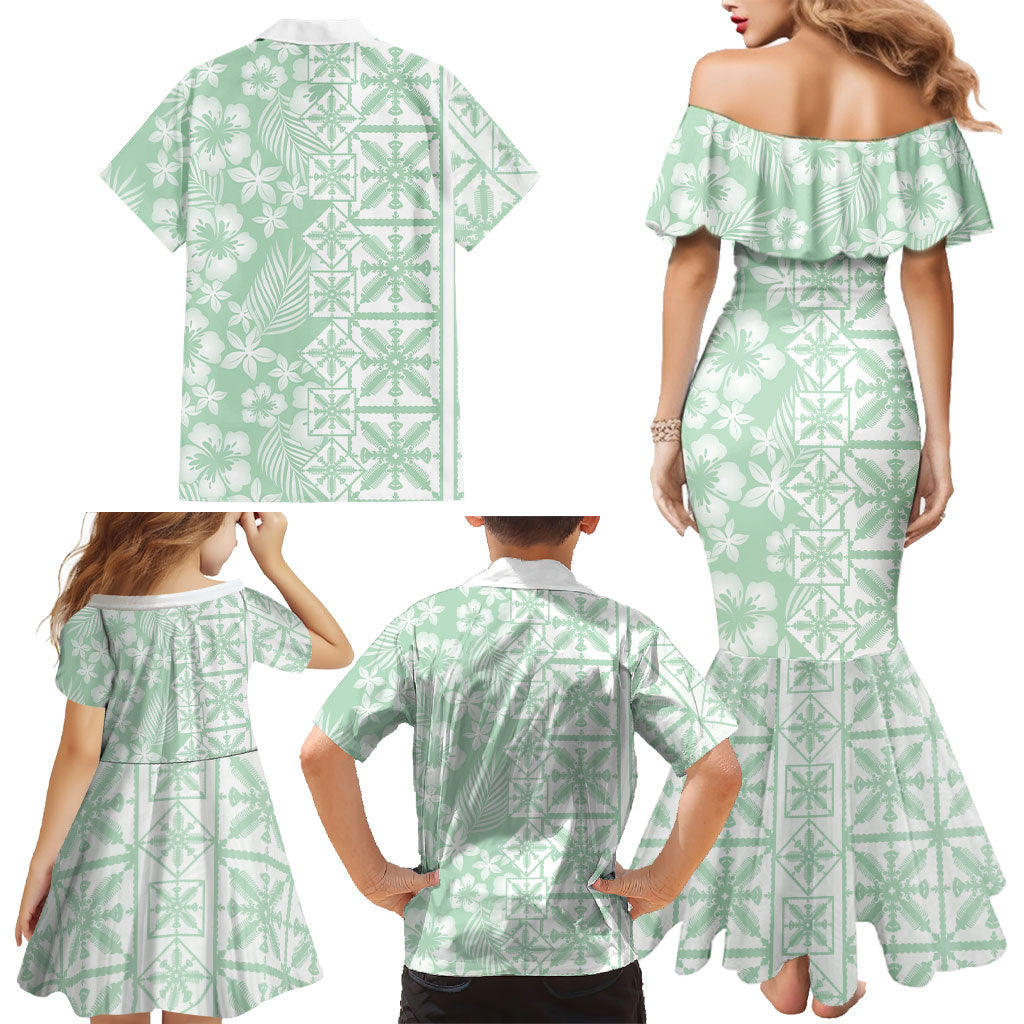 Pastel Green Kahili Quilt Hawaii Family Matching Mermaid Dress and Hawaiian Shirt Tropical Flower Seamless Half Style LT14 - Polynesian Pride