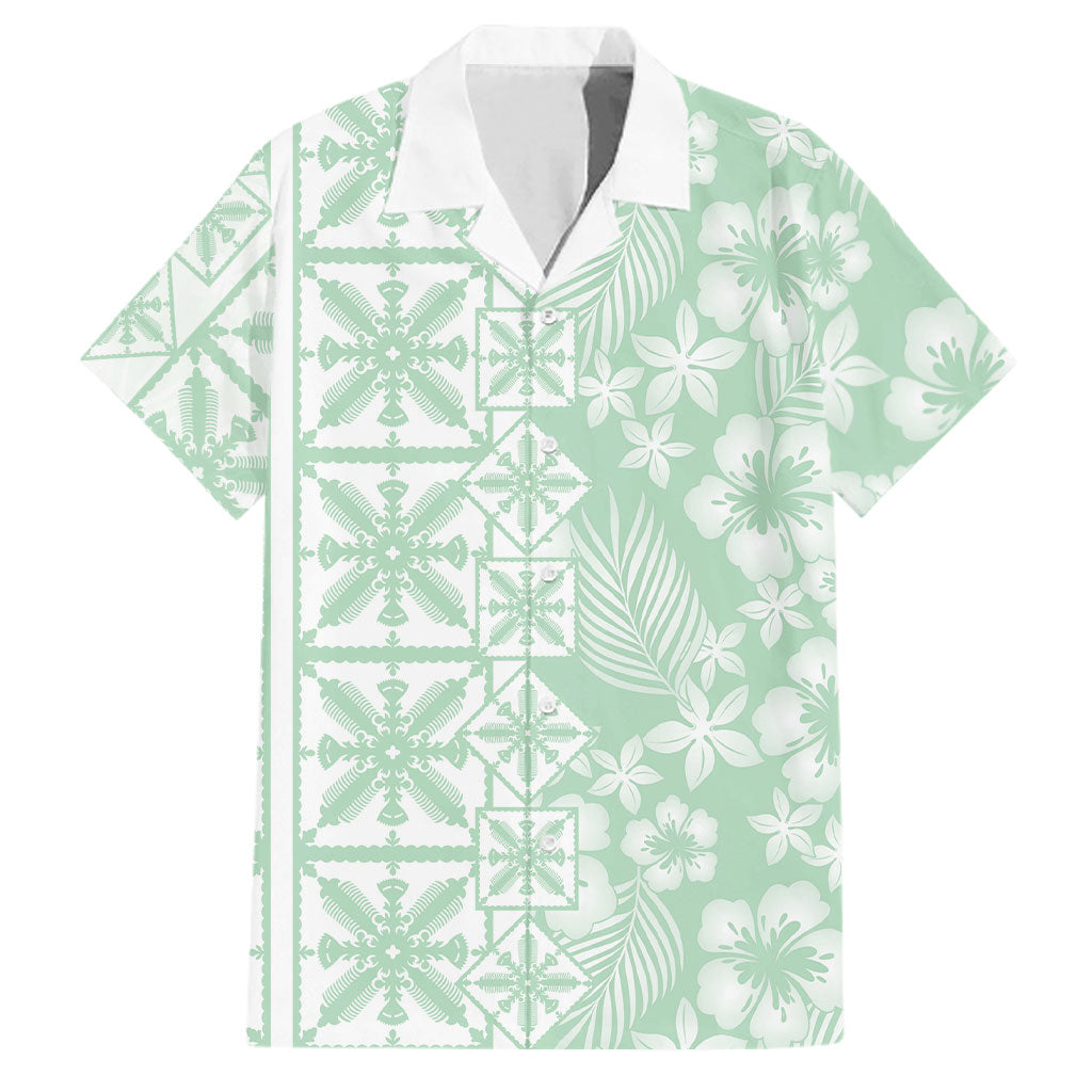 Pastel Green Kahili Quilt Hawaii Family Matching Off The Shoulder Long Sleeve Dress and Hawaiian Shirt Tropical Flower Seamless Half Style LT14 Dad's Shirt - Short Sleeve Green - Polynesian Pride