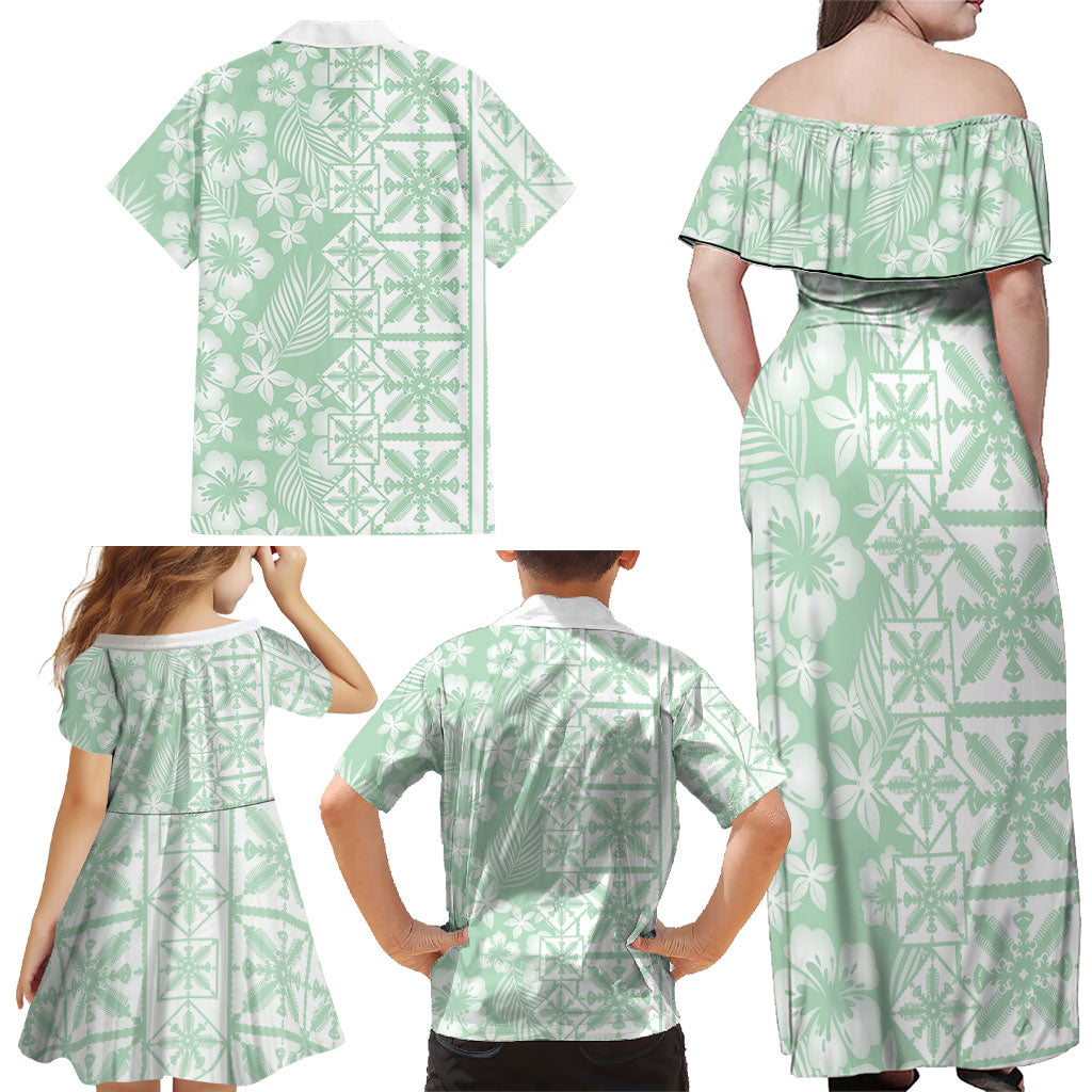 Pastel Green Kahili Quilt Hawaii Family Matching Off Shoulder Maxi Dress and Hawaiian Shirt Tropical Flower Seamless Half Style LT14 - Polynesian Pride