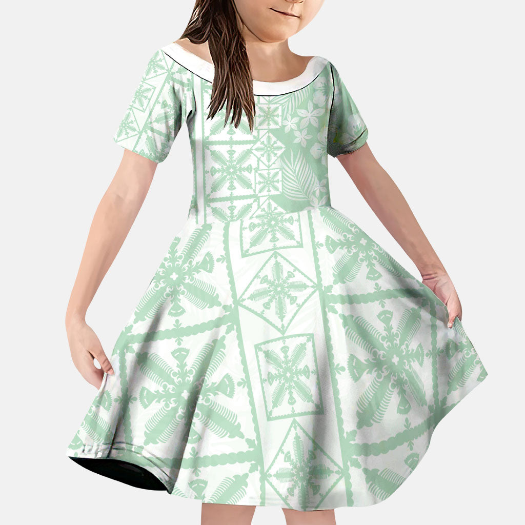 Pastel Green Kahili Quilt Hawaii Family Matching Off Shoulder Short Dress and Hawaiian Shirt Tropical Flower Seamless Half Style LT14 Daughter's Dress Green - Polynesian Pride