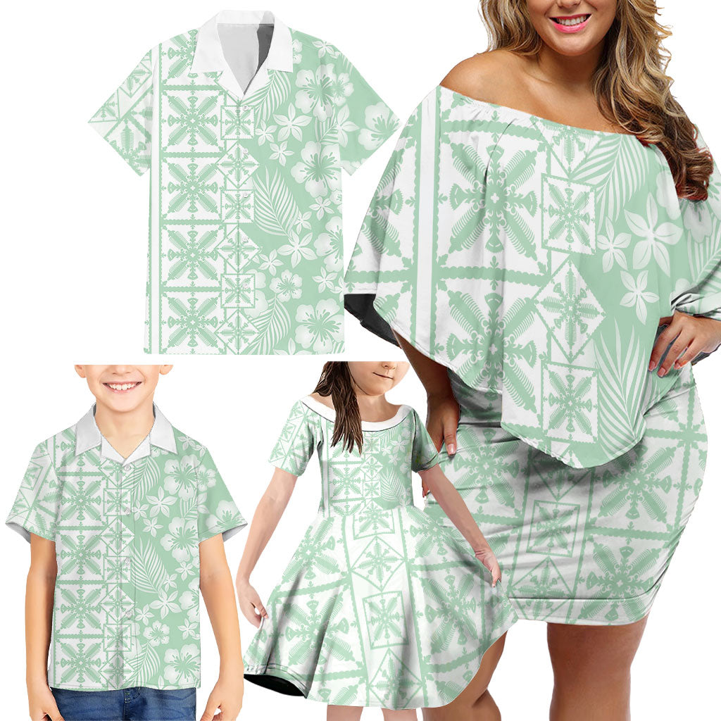Pastel Green Kahili Quilt Hawaii Family Matching Off Shoulder Short Dress and Hawaiian Shirt Tropical Flower Seamless Half Style LT14 - Polynesian Pride