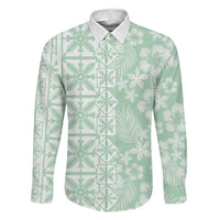 Pastel Green Kahili Quilt Hawaii Family Matching Off Shoulder Short Dress and Hawaiian Shirt Tropical Flower Seamless Half Style LT14 Dad's Shirt - Long Sleeve Green - Polynesian Pride