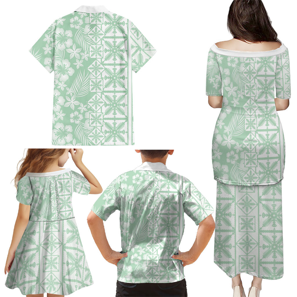 Pastel Green Kahili Quilt Hawaii Family Matching Puletasi and Hawaiian Shirt Tropical Flower Seamless Half Style LT14 - Polynesian Pride