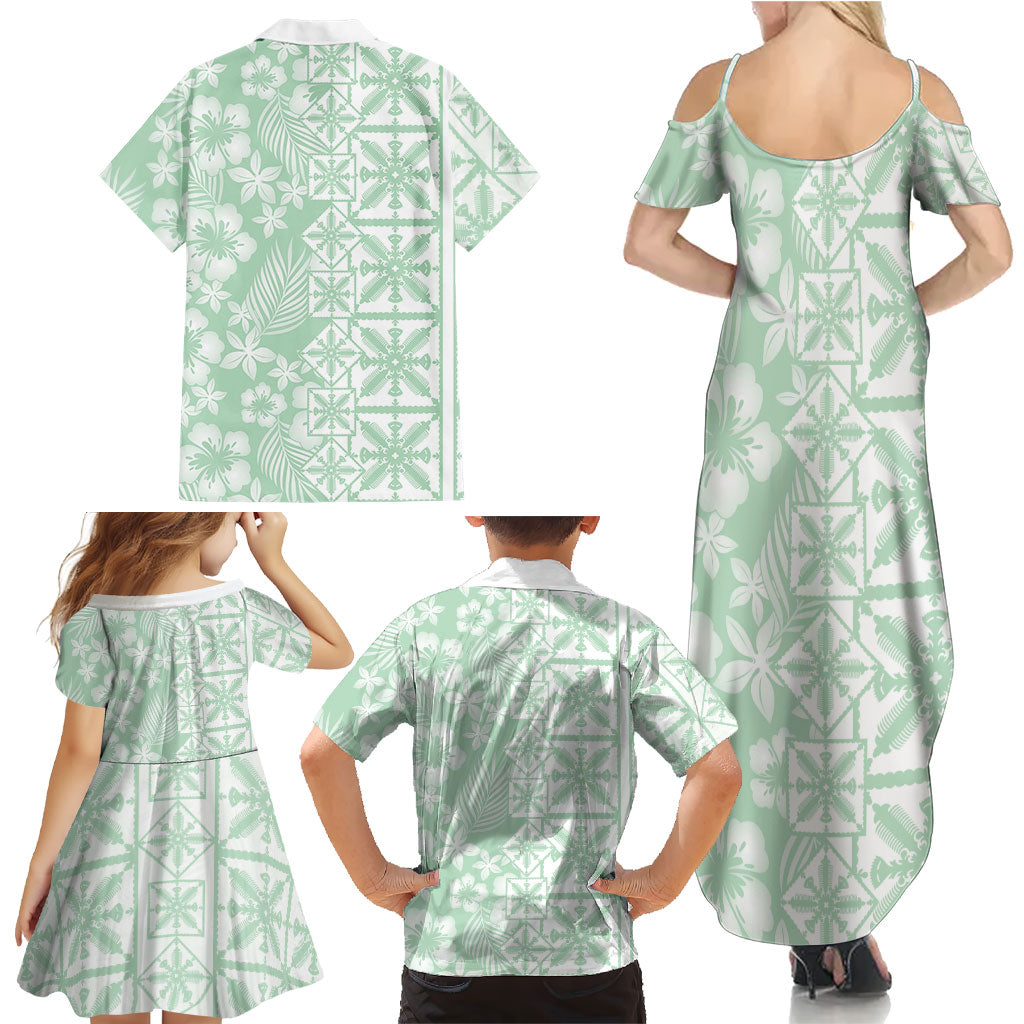 Pastel Green Kahili Quilt Hawaii Family Matching Summer Maxi Dress and Hawaiian Shirt Tropical Flower Seamless Half Style LT14 - Polynesian Pride