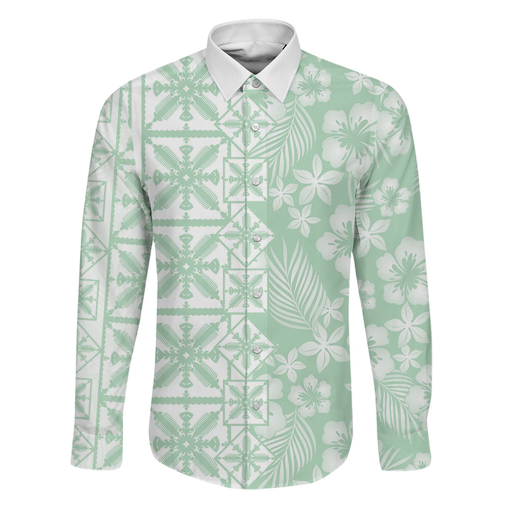Pastel Green Kahili Quilt Hawaii Family Matching Summer Maxi Dress and Hawaiian Shirt Tropical Flower Seamless Half Style LT14 Dad's Shirt - Long Sleeve Green - Polynesian Pride