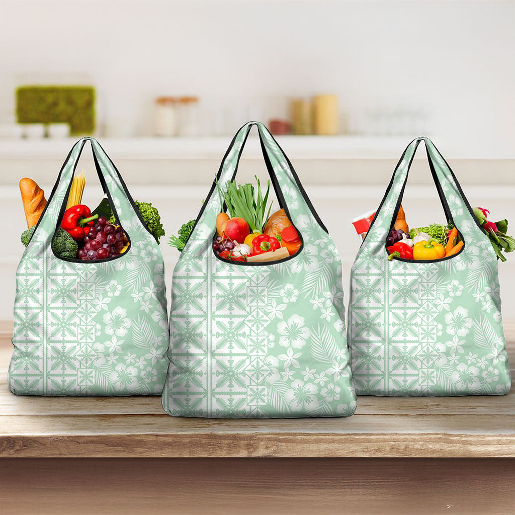 Pastel Green Kahili Quilt Hawaii Grocery Bag Tropical Flower Seamless Half Style LT14 3-pack One Size Green - Polynesian Pride