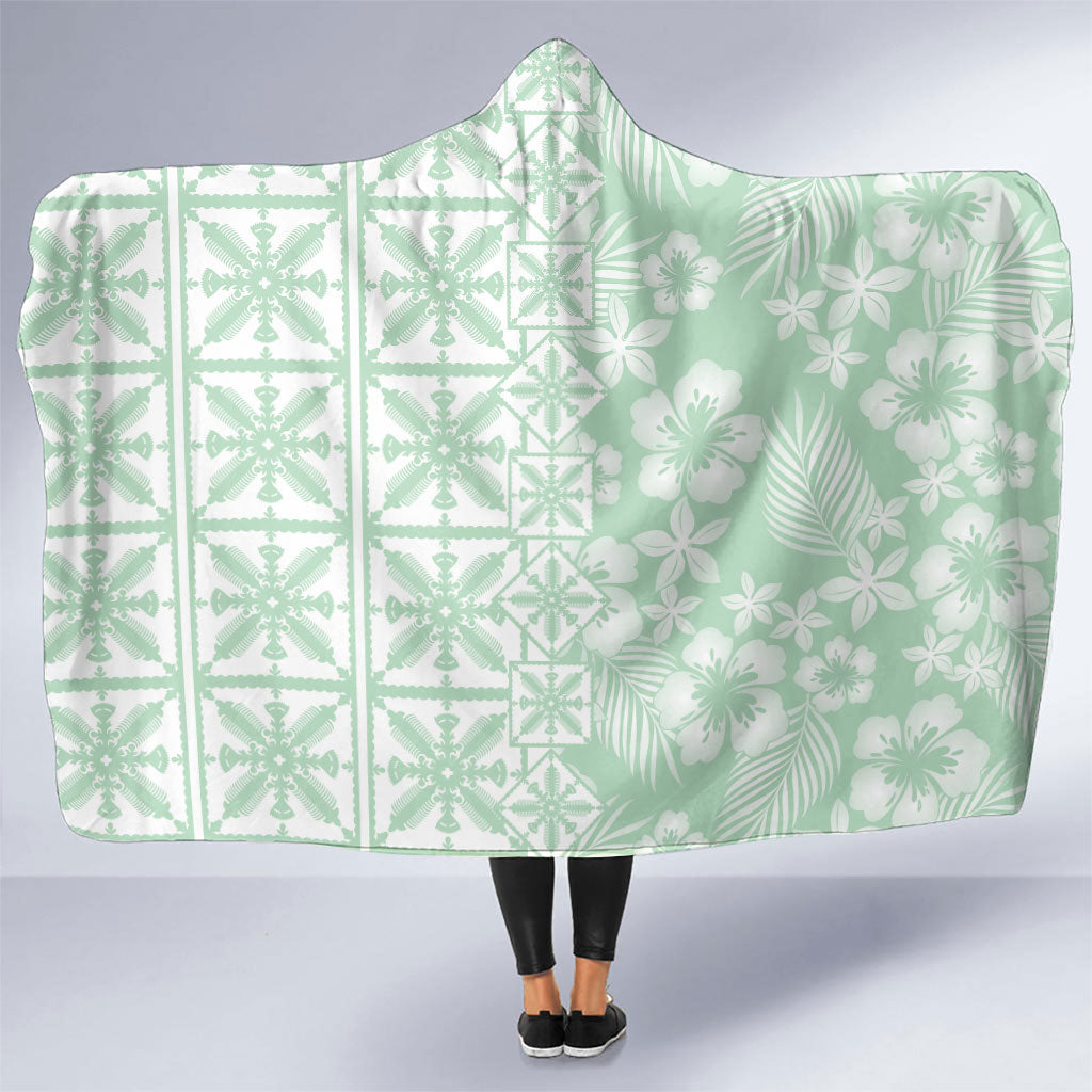 Pastel Green Kahili Quilt Hawaii Hooded Blanket Tropical Flower Seamless Half Style LT14 One Size Green - Polynesian Pride