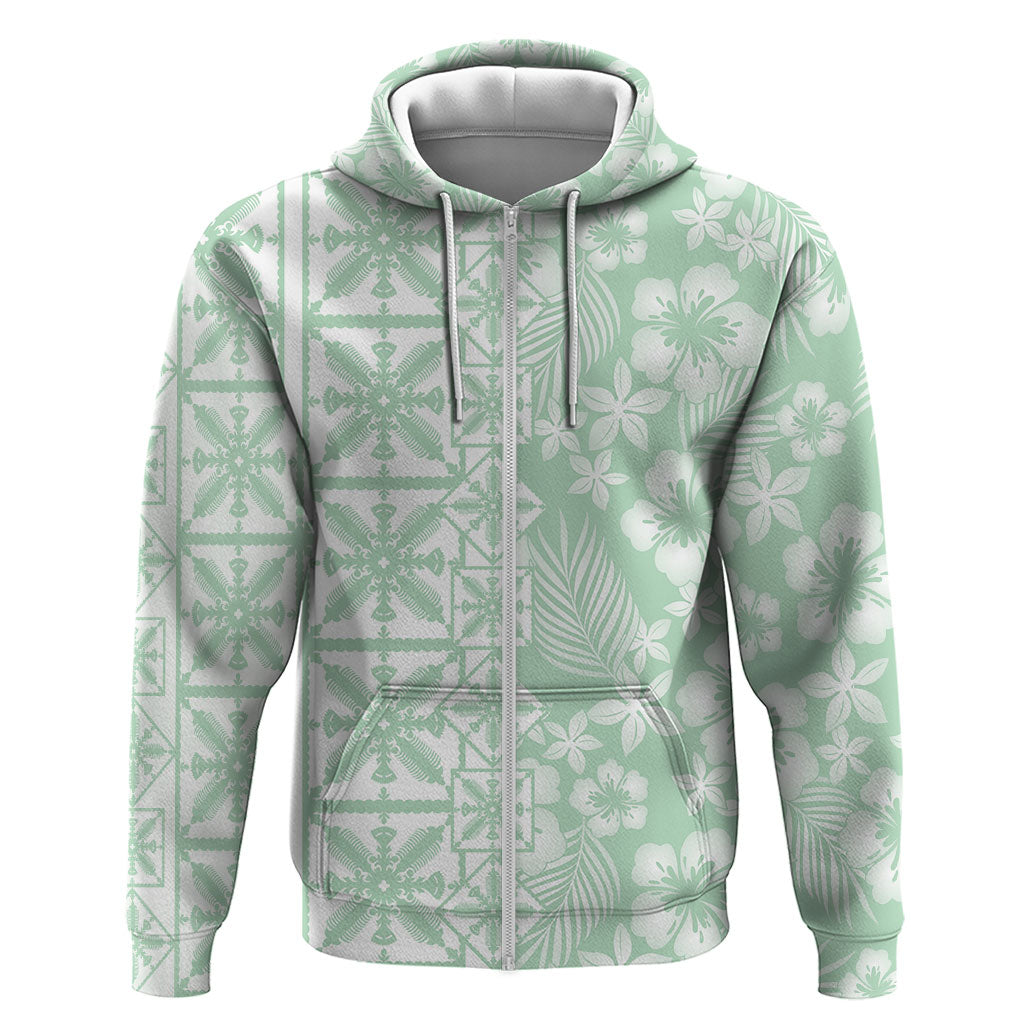 Pastel Green Kahili Quilt Hawaii Hoodie Tropical Flower Seamless Half Style LT14 Zip Hoodie Green - Polynesian Pride