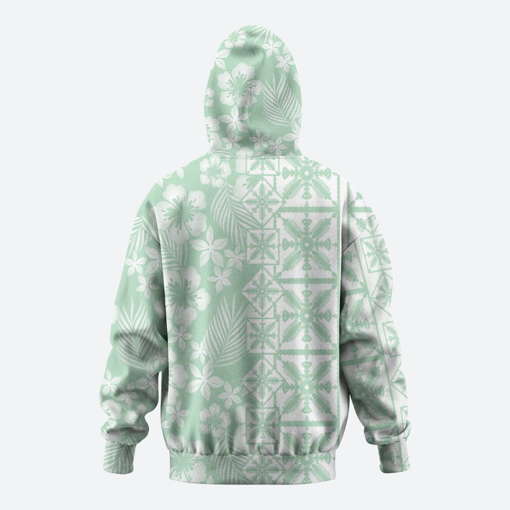 Pastel Green Kahili Quilt Hawaii Hoodie Tropical Flower Seamless Half Style LT14 - Polynesian Pride