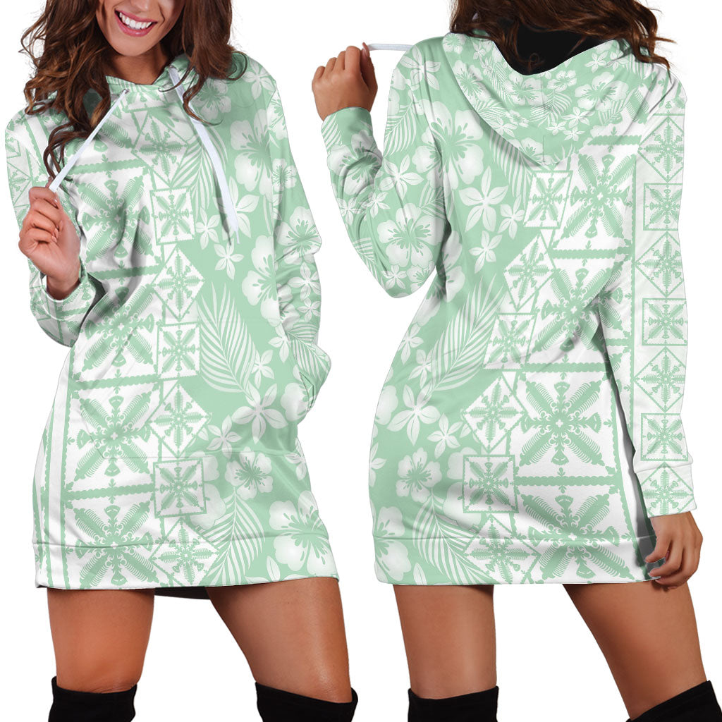Pastel Green Kahili Quilt Hawaii Hoodie Dress Tropical Flower Seamless Half Style LT14 - Polynesian Pride
