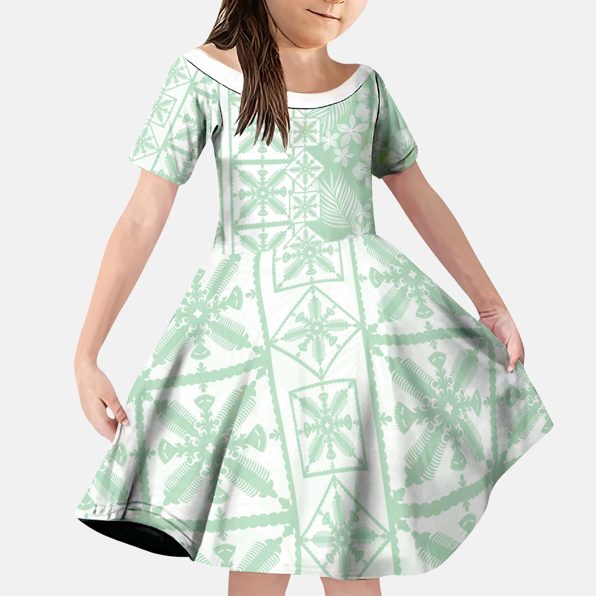 Pastel Green Kahili Quilt Hawaii Kid Short Sleeve Dress Tropical Flower Seamless Half Style