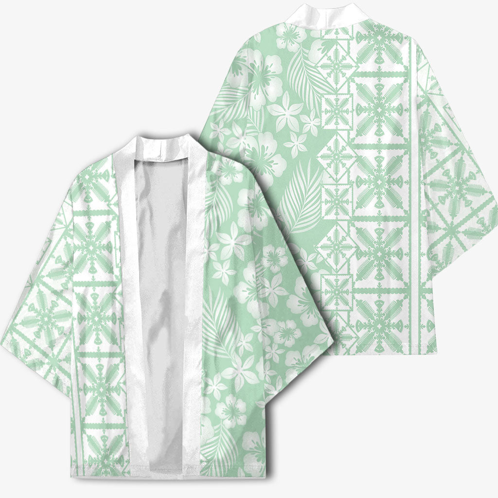 Pastel Green Kahili Quilt Hawaii Kimono Tropical Flower Seamless Half Style LT14 - Polynesian Pride