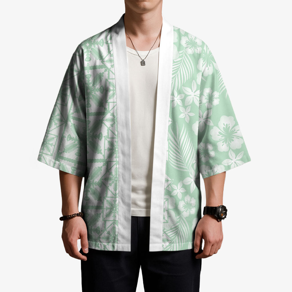 Pastel Green Kahili Quilt Hawaii Kimono Tropical Flower Seamless Half Style LT14 - Polynesian Pride