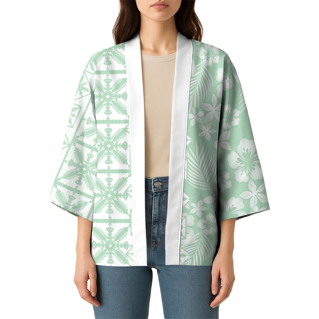 Pastel Green Kahili Quilt Hawaii Kimono Tropical Flower Seamless Half Style LT14 - Polynesian Pride