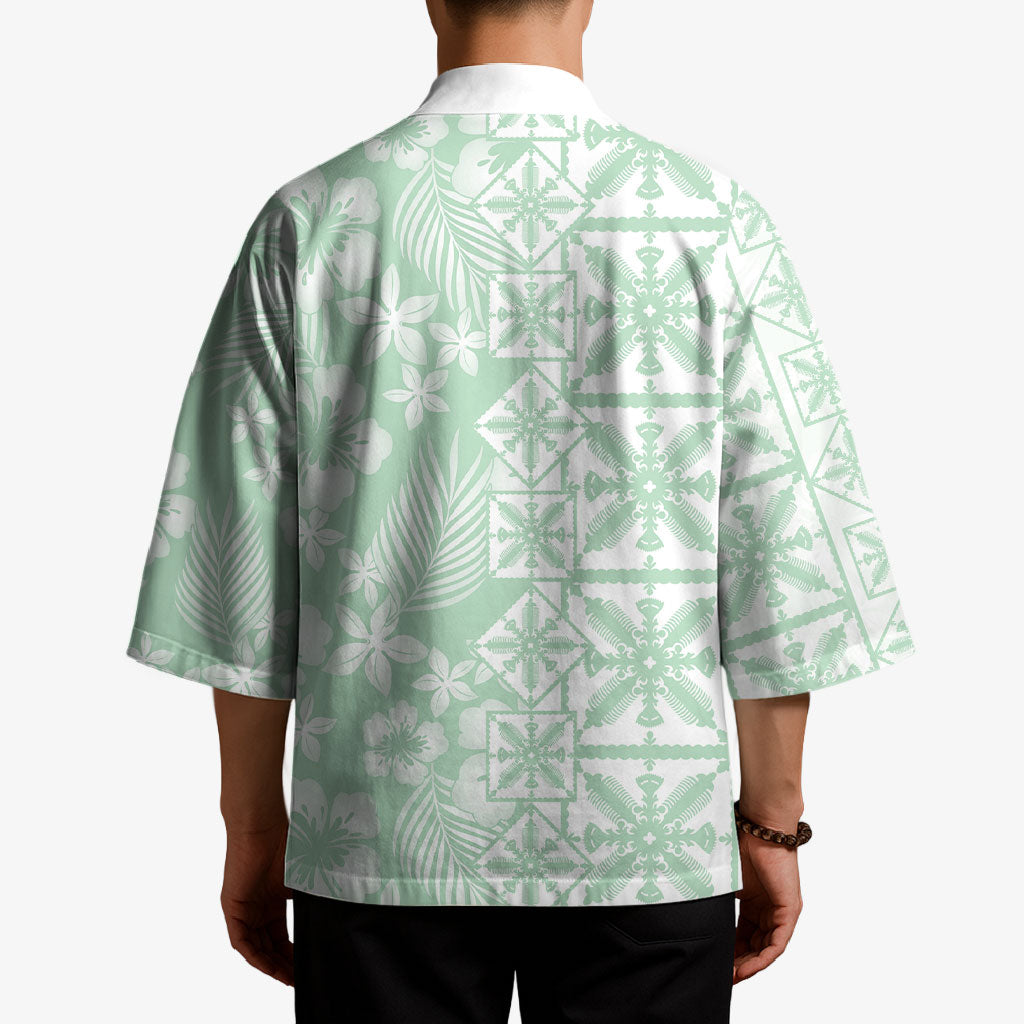 Pastel Green Kahili Quilt Hawaii Kimono Tropical Flower Seamless Half Style LT14 - Polynesian Pride