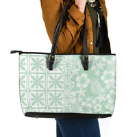 Pastel Green Kahili Quilt Hawaii Leather Tote Bag Tropical Flower Seamless Half Style LT14 - Polynesian Pride