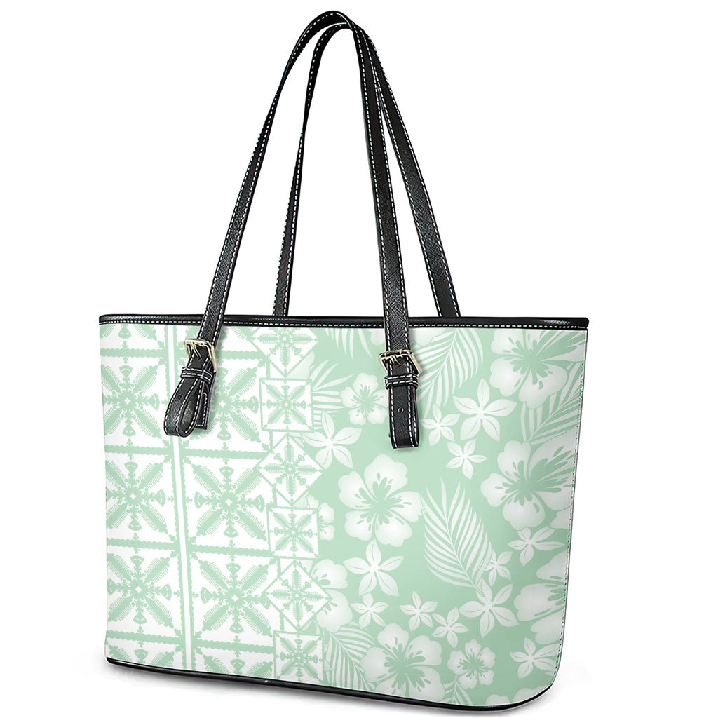 Pastel Green Kahili Quilt Hawaii Leather Tote Bag Tropical Flower Seamless Half Style LT14 - Polynesian Pride