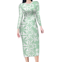 Pastel Green Kahili Quilt Hawaii Long Sleeve Bodycon Dress Tropical Flower Seamless Half Style