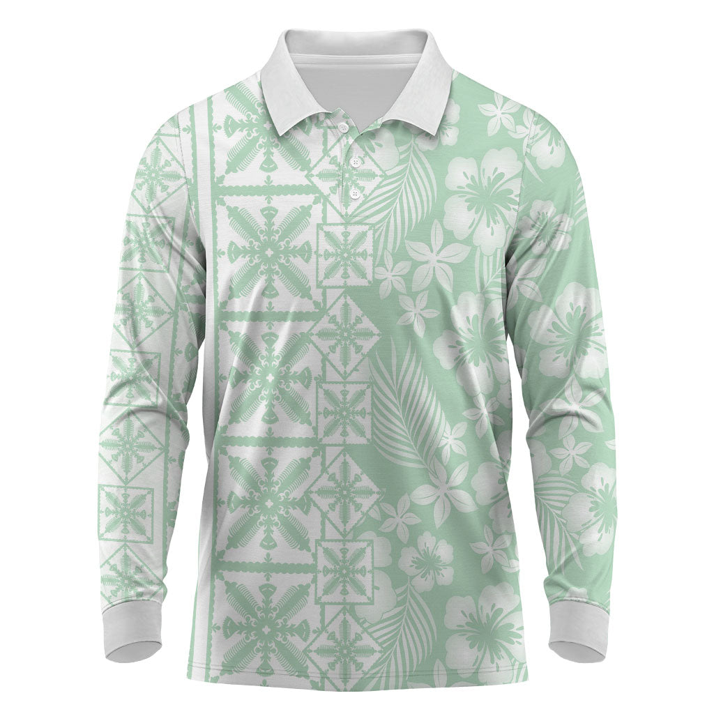 Pastel Green Kahili Quilt Hawaii Long Sleeve Polo Shirt Tropical Flower Seamless Half Style LT14 Green - Polynesian Pride