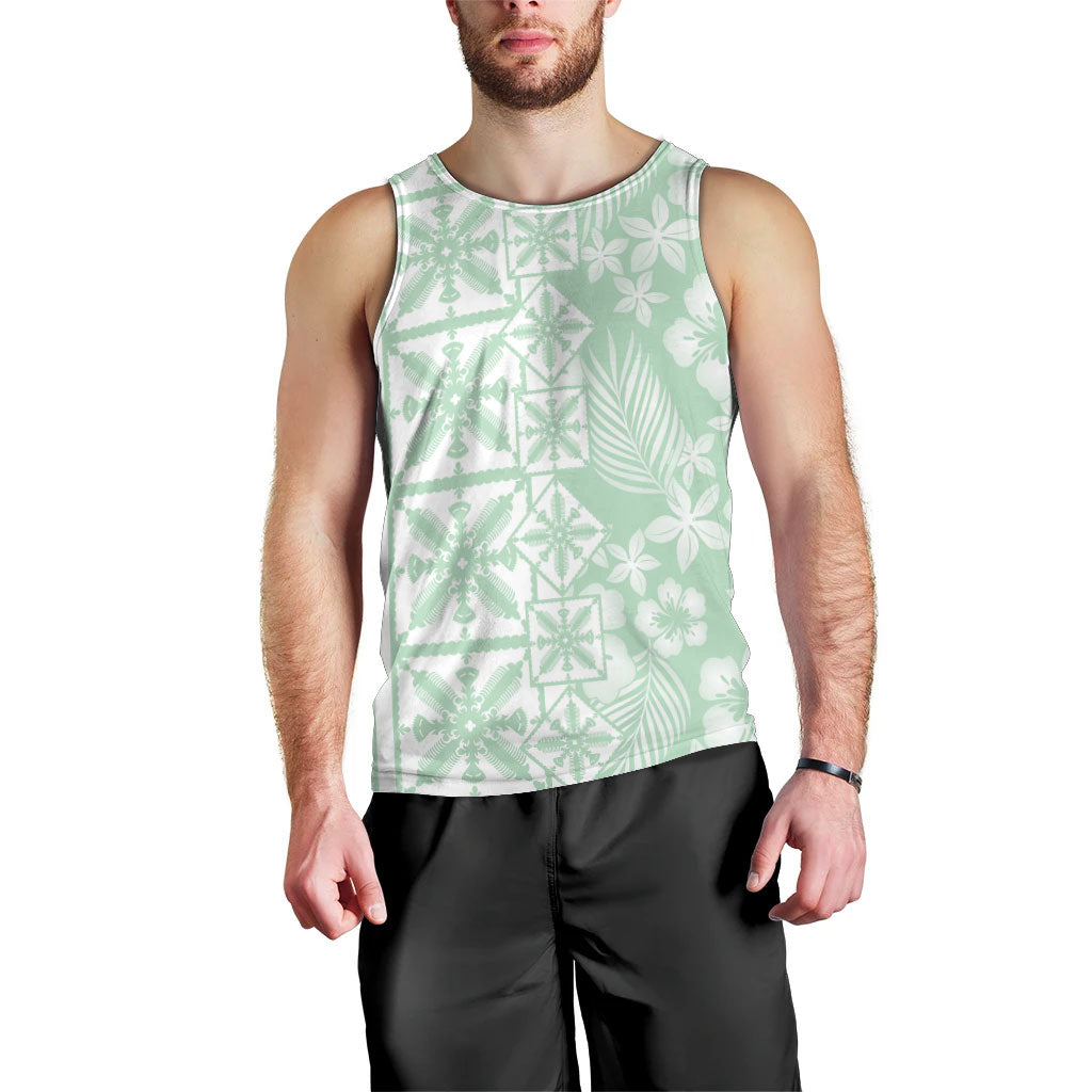 Pastel Green Kahili Quilt Hawaii Men Tank Top Tropical Flower Seamless Half Style LT14 - Polynesian Pride