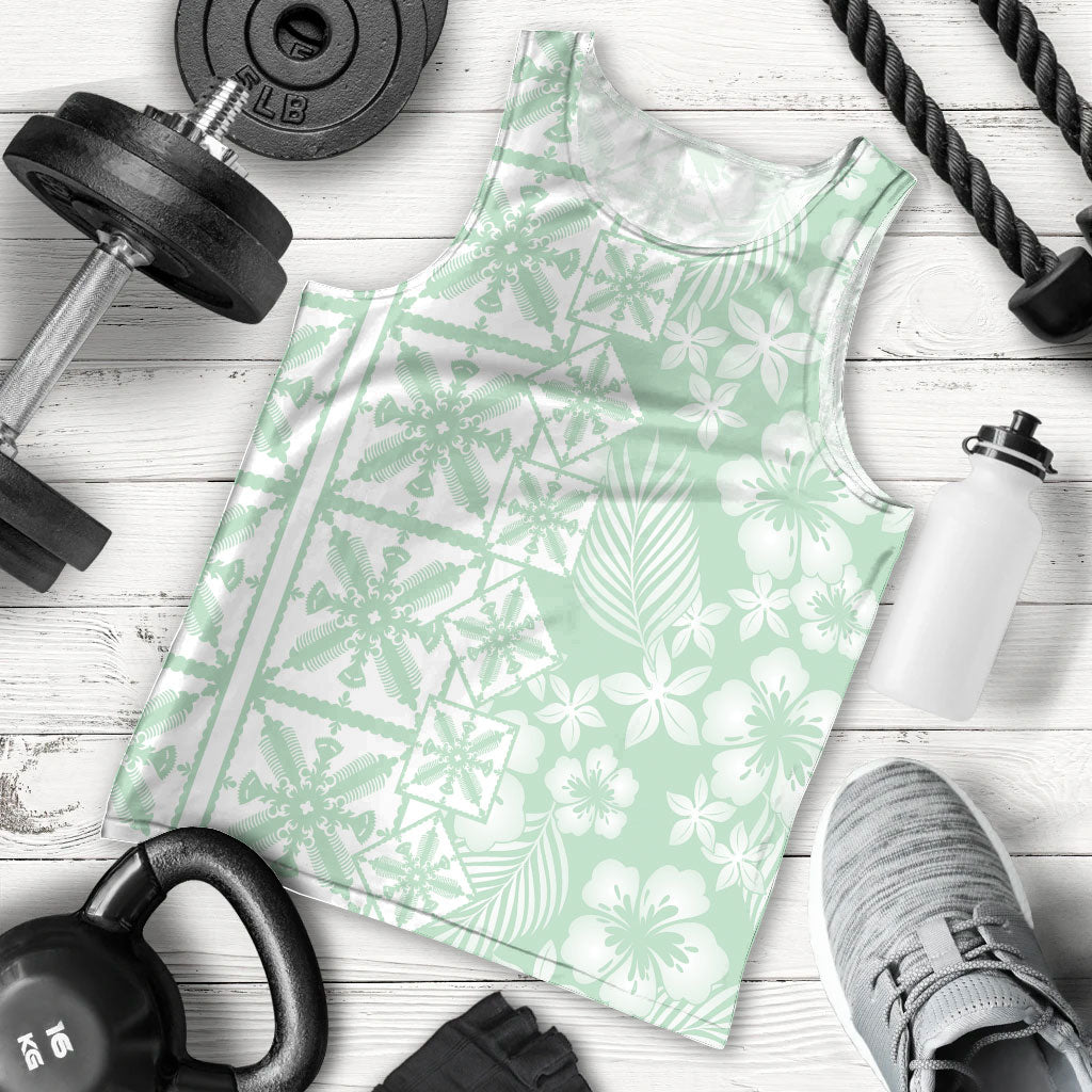 Pastel Green Kahili Quilt Hawaii Men Tank Top Tropical Flower Seamless Half Style LT14 - Polynesian Pride