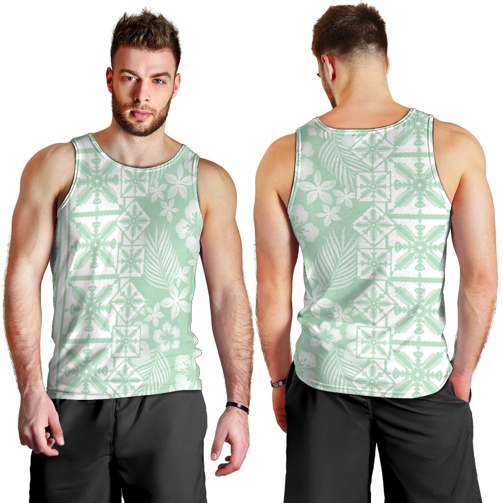 Pastel Green Kahili Quilt Hawaii Men Tank Top Tropical Flower Seamless Half Style LT14 - Polynesian Pride