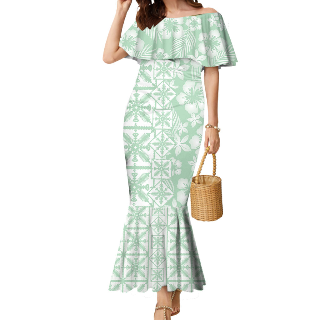 Pastel Green Kahili Quilt Hawaii Mermaid Dress Tropical Flower Seamless Half Style LT14 Women Green - Polynesian Pride