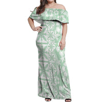 Pastel Green Kahili Quilt Hawaii Off Shoulder Maxi Dress Tropical Flower Seamless Half Style