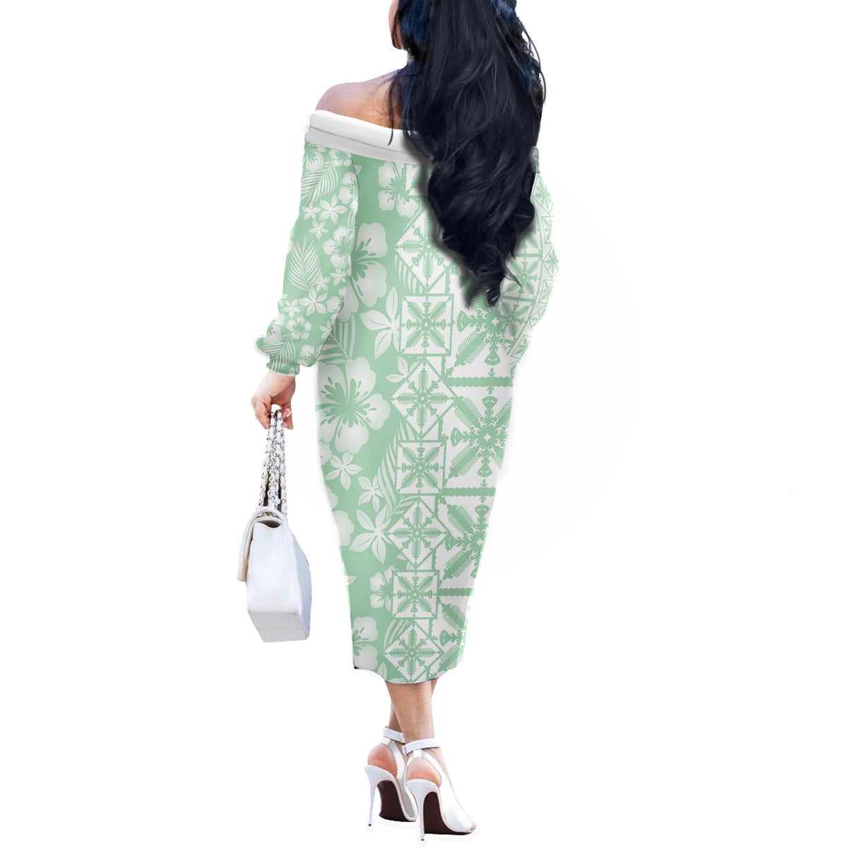 Pastel Green Kahili Quilt Hawaii Off The Shoulder Long Sleeve Dress Tropical Flower Seamless Half Style LT14 - Polynesian Pride